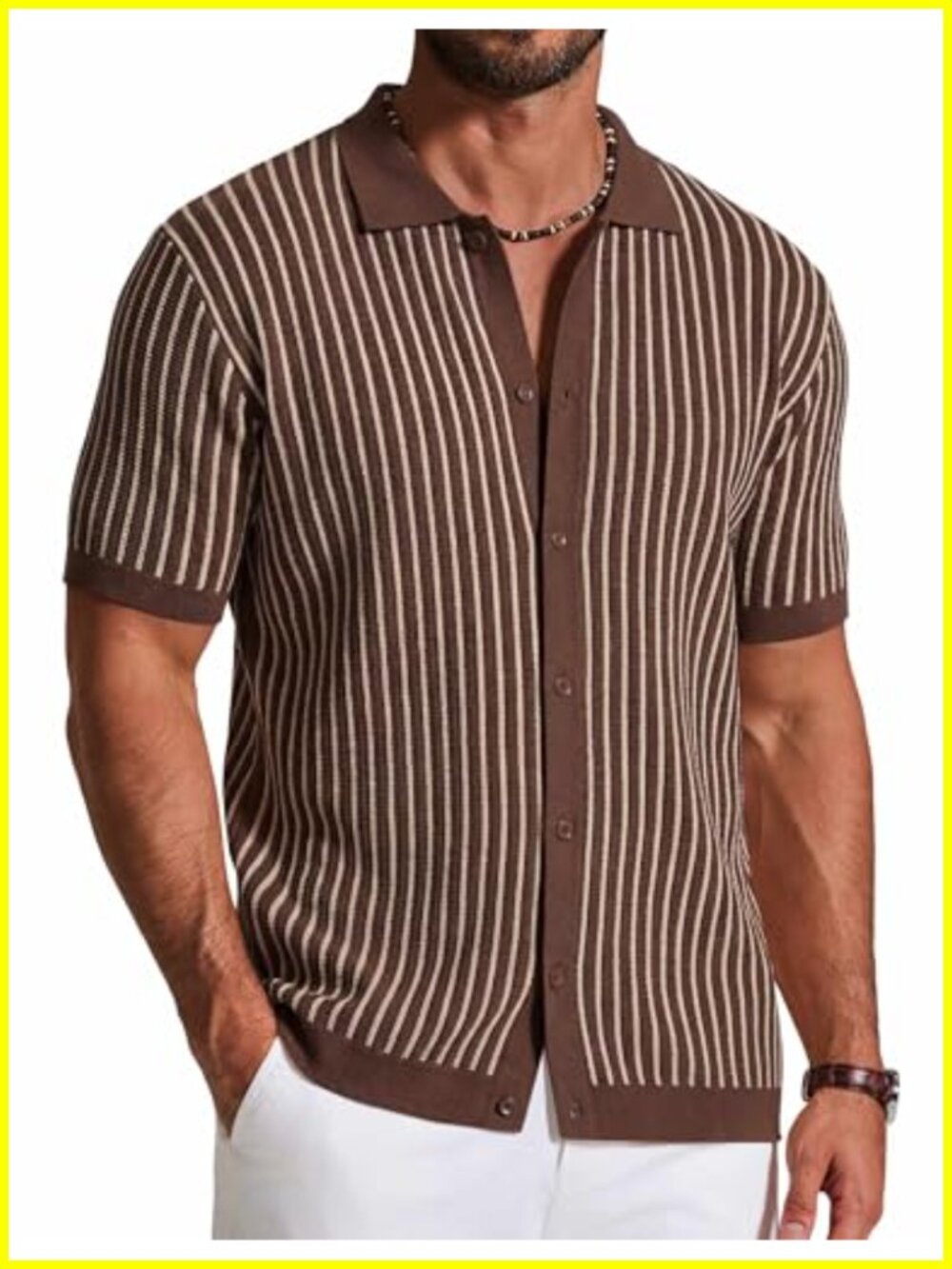 Mens Knit Button Down Shirt Short Sleeve Vintage Stripe Polo